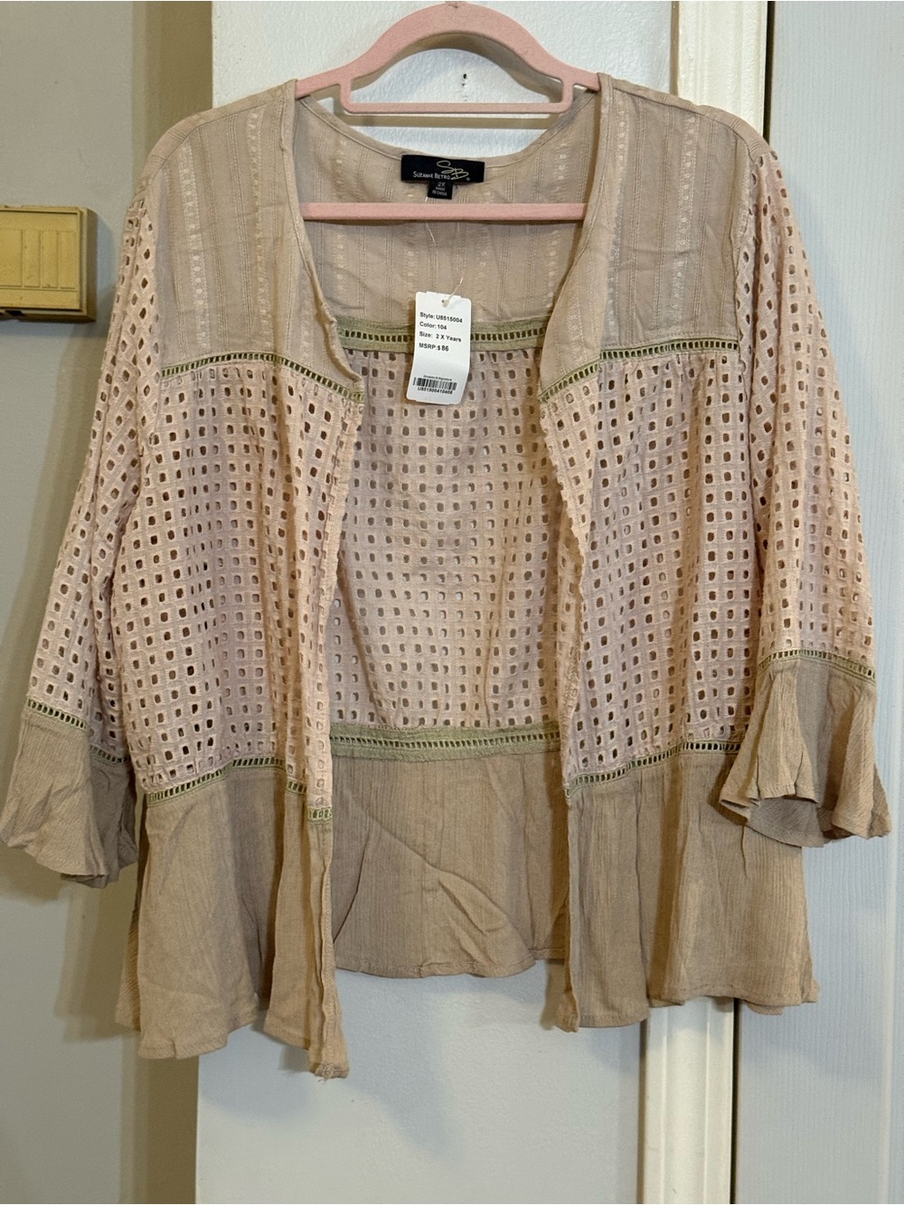 NWT Suzanne Betro Blush Eyelet Open-Front Cardigan Sz 2X